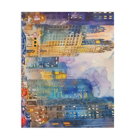 Colorful Chicago skyline watercolor jigsaw puzzle, perfect for city lovers.