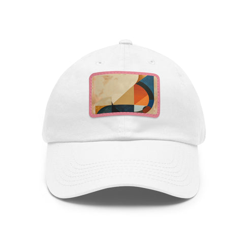 Abstract geometric design white baseball cap with light brown patch.