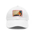 Abstract geometric design white baseball cap with light brown patch.