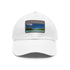 Cotton white baseball cap with light brown patch, rectangle design.