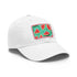 Watermelon print white cotton hat with brown patch, rectangle shape.