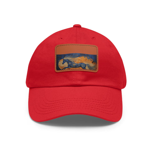 Abstract horse silhouette white baseball cap with textured light brown patch.