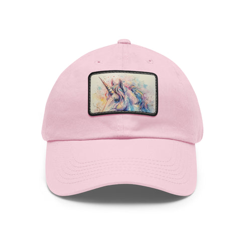 Magical Watercolor Unicorn Baseball Cap, white/light brown rectangle variant.