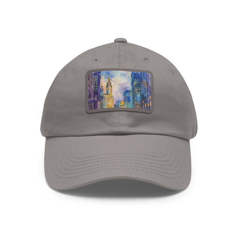 Chicago skyline watercolor cap in white with light brown rectangular patch.