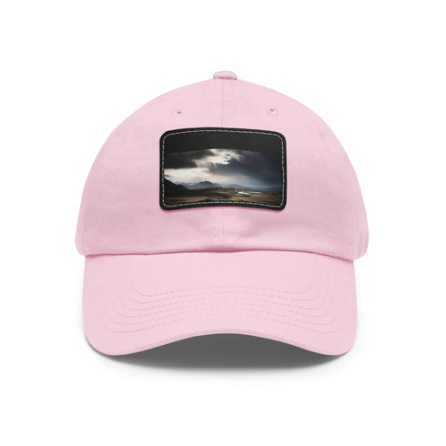 White cotton snapback cap with light brown rectangle patch for Icelandic Adventure.