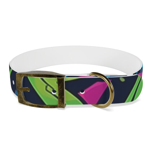 Neon graffiti dog collar with bright urban pattern for trendy pups.
