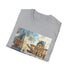 Charcoal crew neck t-shirt featuring watercolor illustration of the Louvre