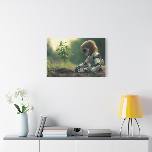 A Robot Child Planting a Real Tree Stretched Canvas Wall Art