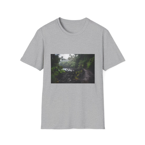 Charcoal cotton crew neck T-shirt with vibrant tropical paradise design