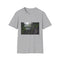 Charcoal cotton crew neck T-shirt with vibrant tropical paradise design