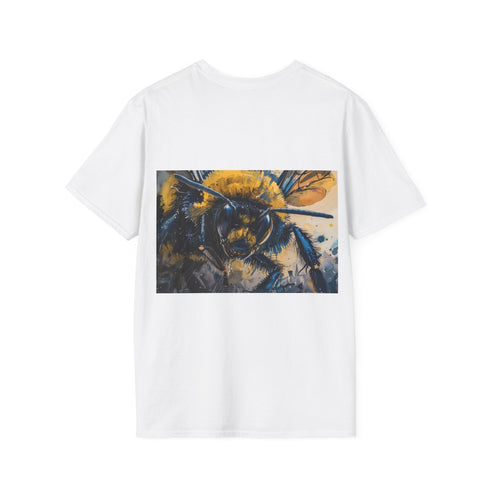 Charcoal watercolor tee with vibrant bumblebee design in soft cotton fabric