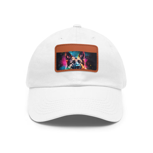 German Shepherd themed white baseball cap with light brown patch.