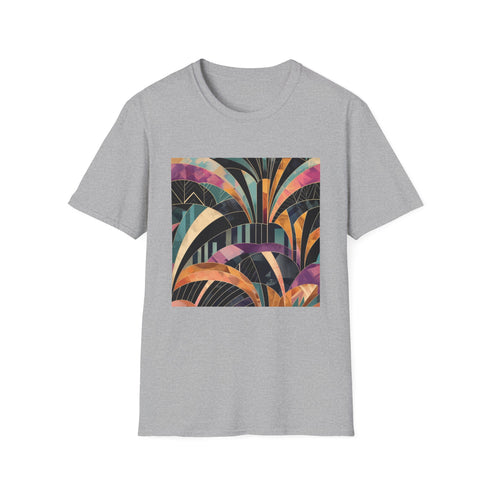 Abstract charcoal T-shirt with vibrant geometric art deco patterns and crew neck