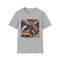 Abstract charcoal T-shirt with vibrant geometric art deco patterns and crew neck
