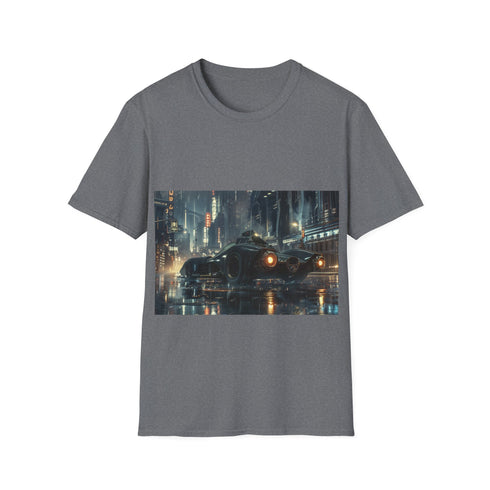 Charcoal cotton tee featuring Gotham City skyline and iconic Batmobile graphic