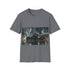 Charcoal cotton tee featuring Gotham City skyline and iconic Batmobile graphic