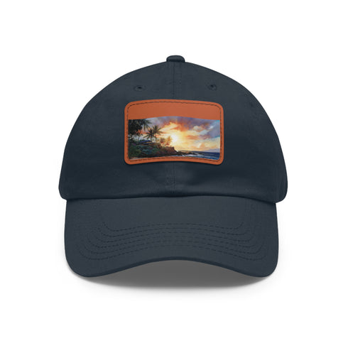 Hawaiian sunset printed cotton baseball cap with light brown patch design.