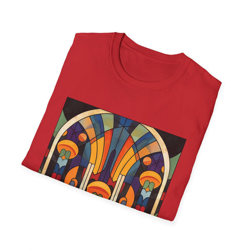 Art deco patterned charcoal T-shirt with geometric shapes and crew neck design