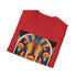 Art deco patterned charcoal T-shirt with geometric shapes and crew neck design