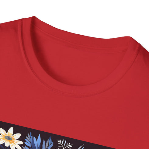 Charcoal crew neck cotton T-shirt with vibrant floral tapestry pattern