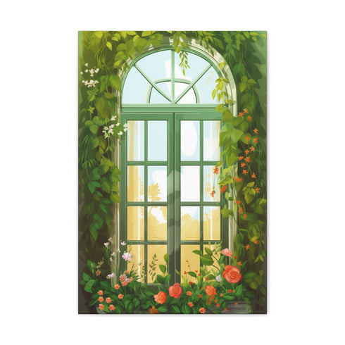 Floral window view canvas: serene nature scene with blossoming flowers.