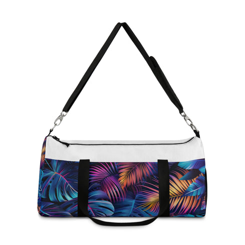Neon palm leaf duffel bag with bold tropical design for travel.