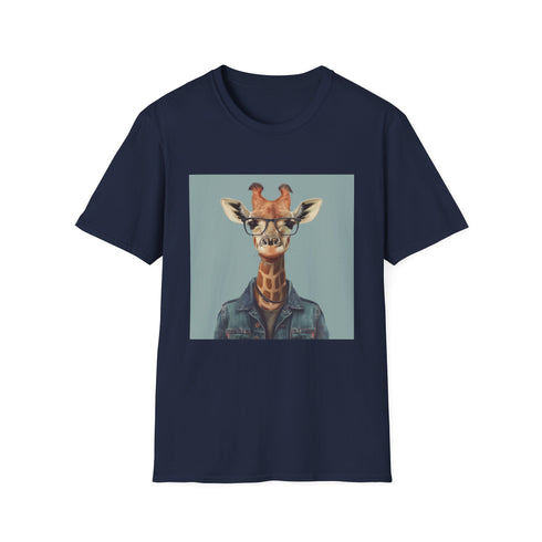 Hipster giraffe graphic tee in charcoal, unisex S size.