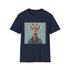 Hipster giraffe graphic tee in charcoal, unisex S size.