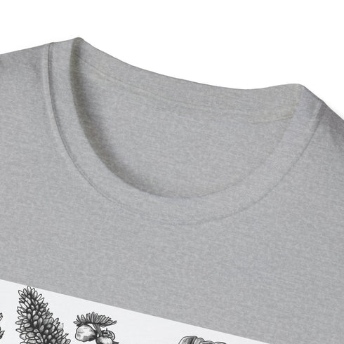 Hand-drawn floral charcoal T-shirt with botanical art design evokes nature's beauty