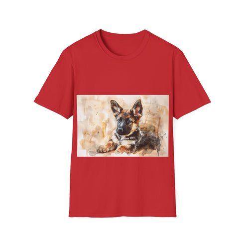 German Shepherd Watercolor Tee in Charcoal, size S for men and women.