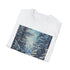 Charcoal cotton t-shirt with ethereal winter painting featuring snow-laden trees