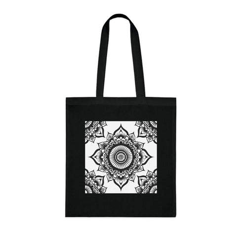 Mindful Mandala Tote Bag in Black Cotton Tote with Intricate Pattern