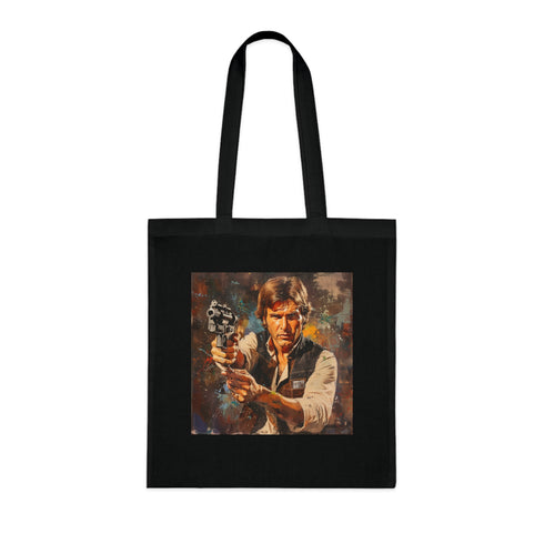 Black cotton tote bag featuring Han Solo; perfect for all seasons.