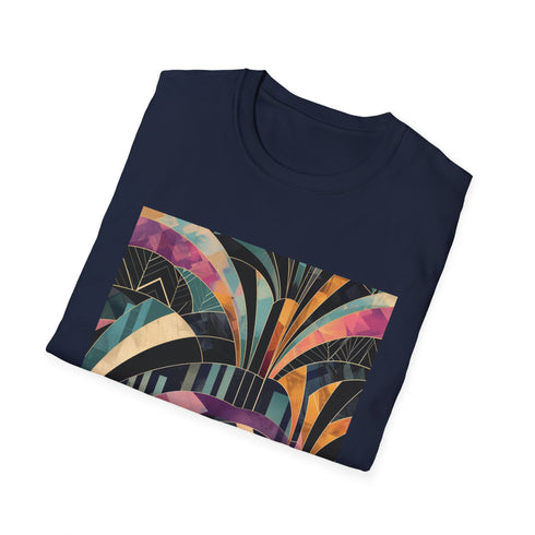 Charcoal abstract art deco t-shirt with vibrant geometric patterns and soft cotton fabric