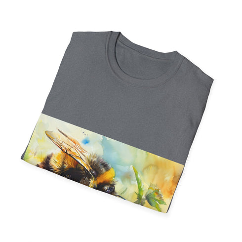 Vibrant bumblebee watercolor tee in small charcoal soft cotton crew neck
