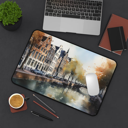 Amsterdam City Desk Mat with vibrant cityscape image for work and study.