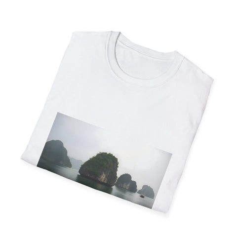 Charcoal cotton T-shirt with Halong Bay inspired serene sea landscape design