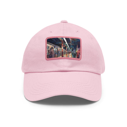 Watercolor NYC subway sunset baseball cap with light brown patch.