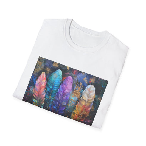 Charcoal cotton t-shirt with bohemian feather pattern for a free-spirited look