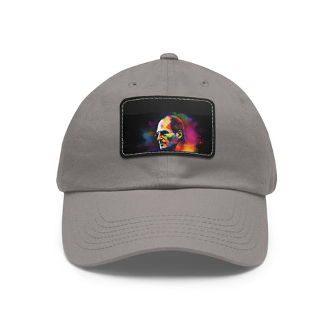 Neon watercolor Steve Jobs cap in white with light brown patch.