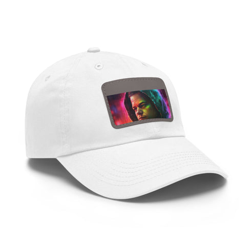 Neon watercolor dreams hat with light brown patch and rectangle shape.