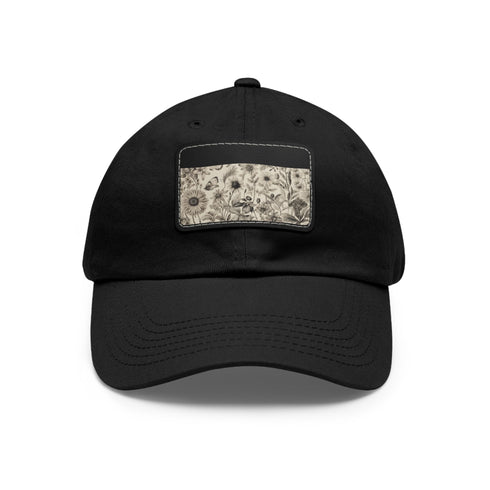 Botanical baseball cap with white/light brown patch and intricate pattern.