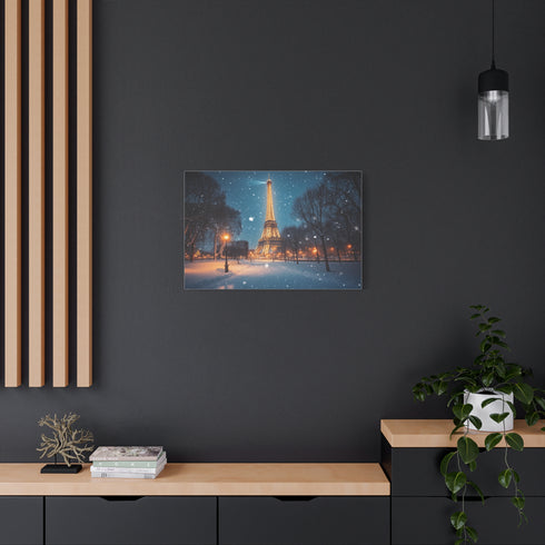 Paris Snowy Evening Streetlight Glow Stretched Canvas Wall Art - View 8 | Prints With Passion
