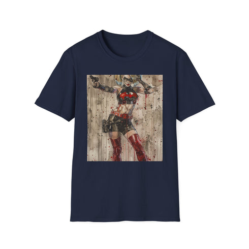 Harley Quinn graphic tee in charcoal for men and women.