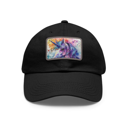 Magical watercolor unicorn baseball cap in white with light brown patch.