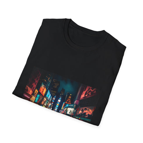 Charcoal cotton T-shirt with vibrant Times Square cityscape graphic