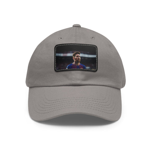 White cotton cap with light brown patch, Lionel Messi signature logo.