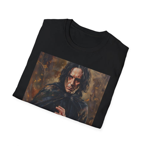 Charcoal crew neck mens t-shirt with enigmatic Severus Snape portrait.