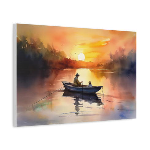 Golden Hour Fisherman Silhouette Sunset Stretched Canvas Wall Art - View 3 | Prints With Passion