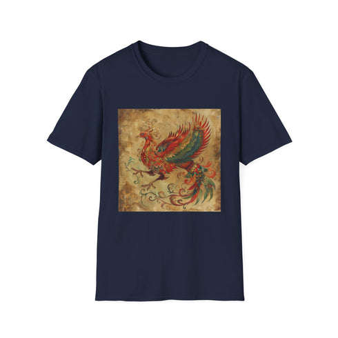 Mythical phoenix rising on charcoal t-shirt, symbolizing rebirth and renewal.